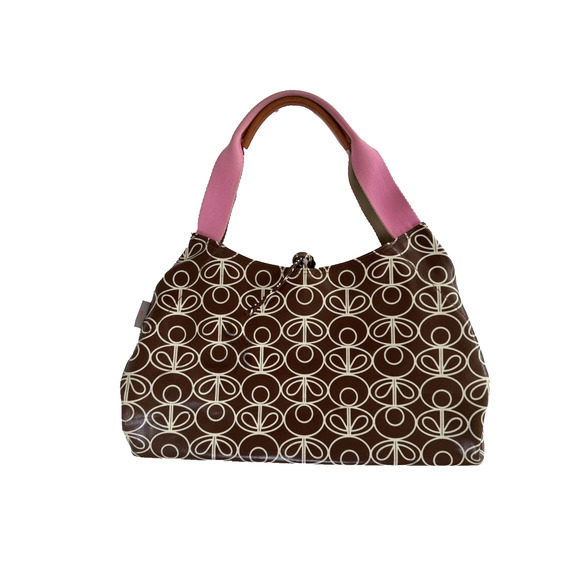 Orla Kiely Tote Bag Brown Cream Print Coated Canvas Pink Canvas-Leather Handles - Picture 5 of 10